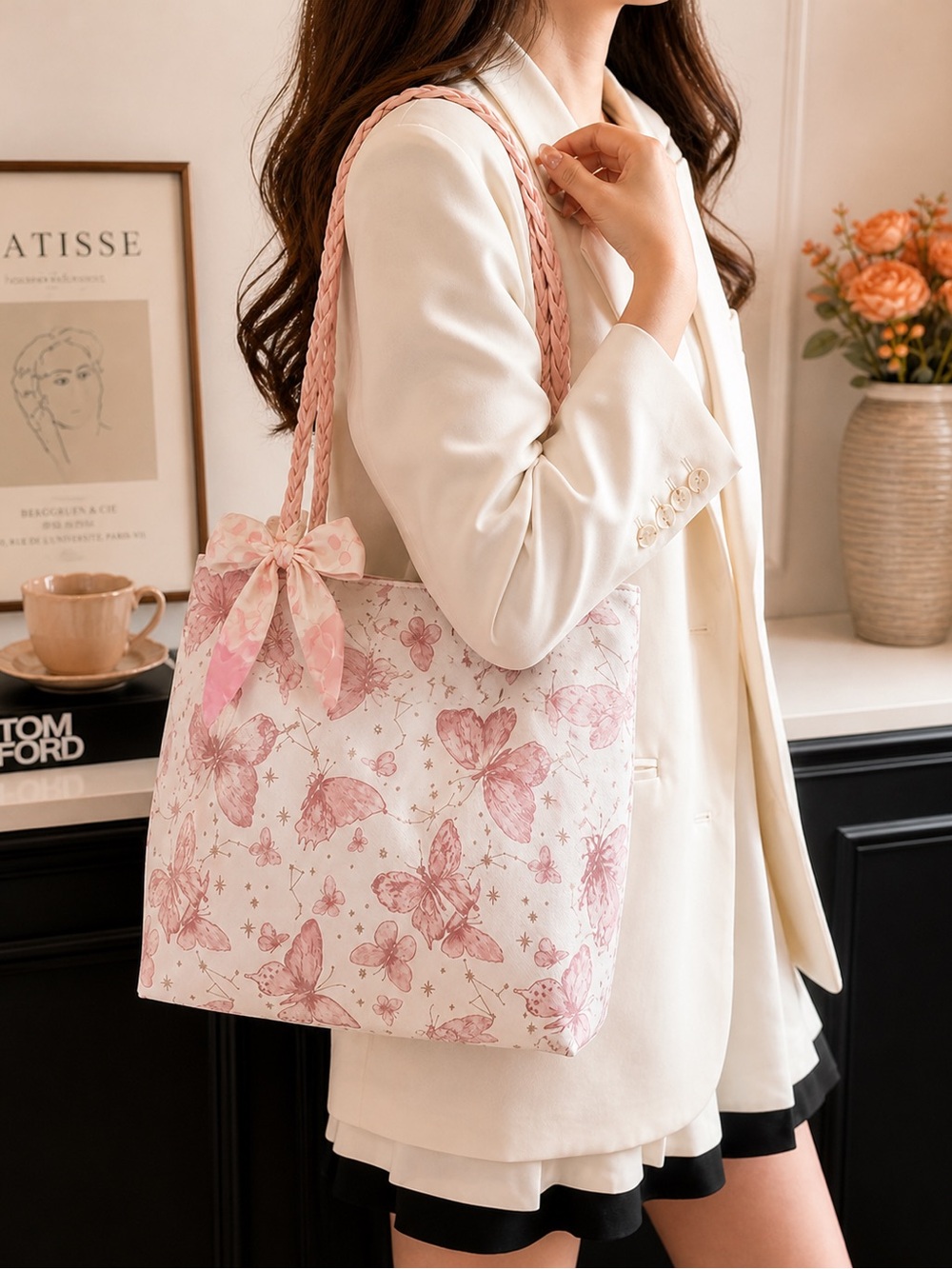 Pink Butterfly Bow Tote Bag Coquette Soft Girl Feminine Everyday Shoulder Bag - Picture 4 of 6